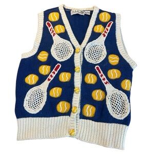 1990's Belle Pointe Blue Knit Vest Tennis Design Ramie Cotton Size S